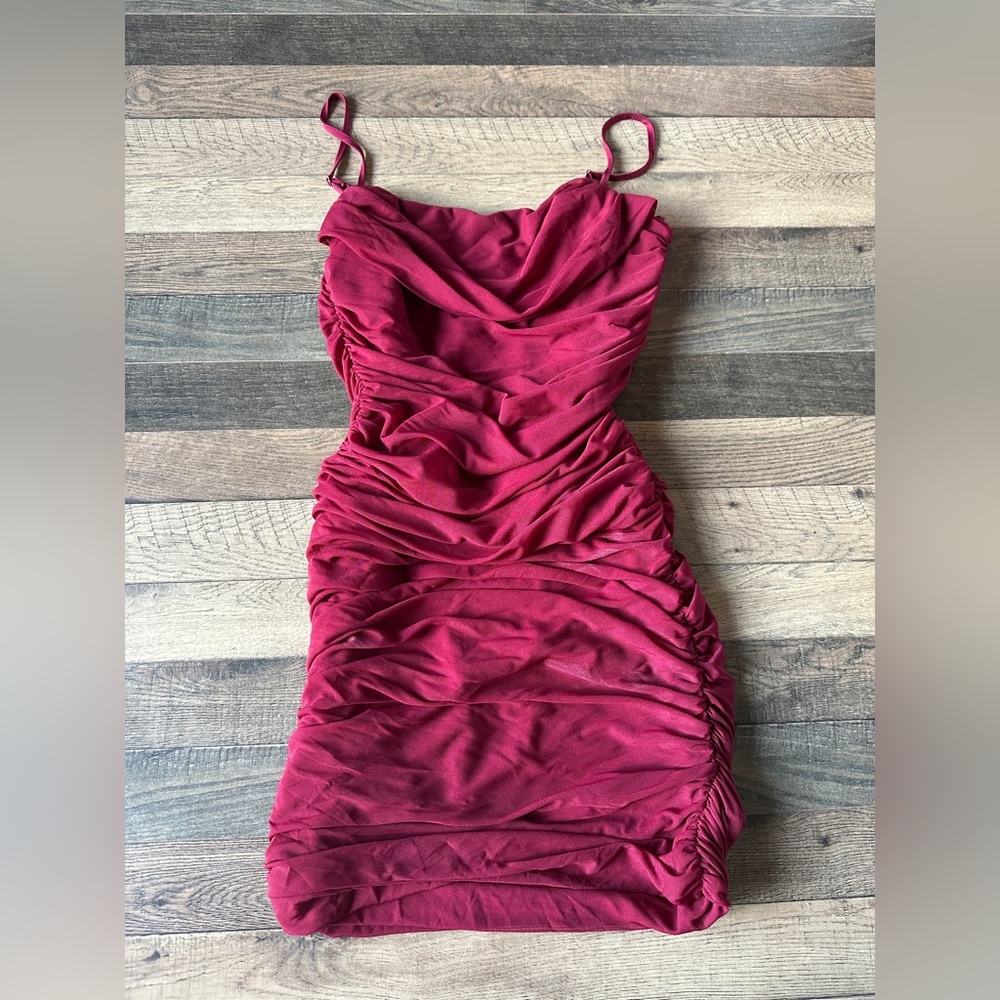 Ruched red body con dress